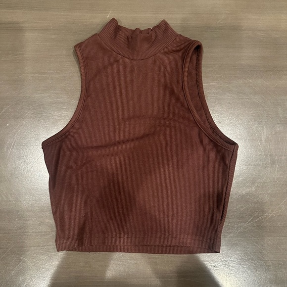 Pellucid - brown Basics Threaded Sleeveless Top cropped mock neck- size small - Picture 2 of 6